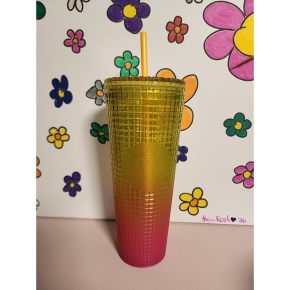 Starbucks 24oz Venti Grid Tumbler Yellow Pink Ombre Gradient Cold Cup NWT